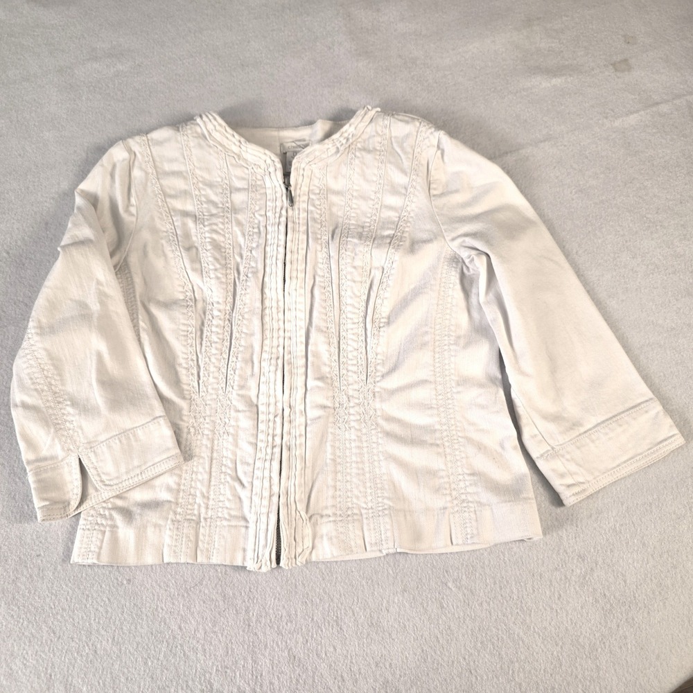 Chico's Winter White Pink Undertone Pintuck‎ Zip Front Denim Jacket Size 0 S